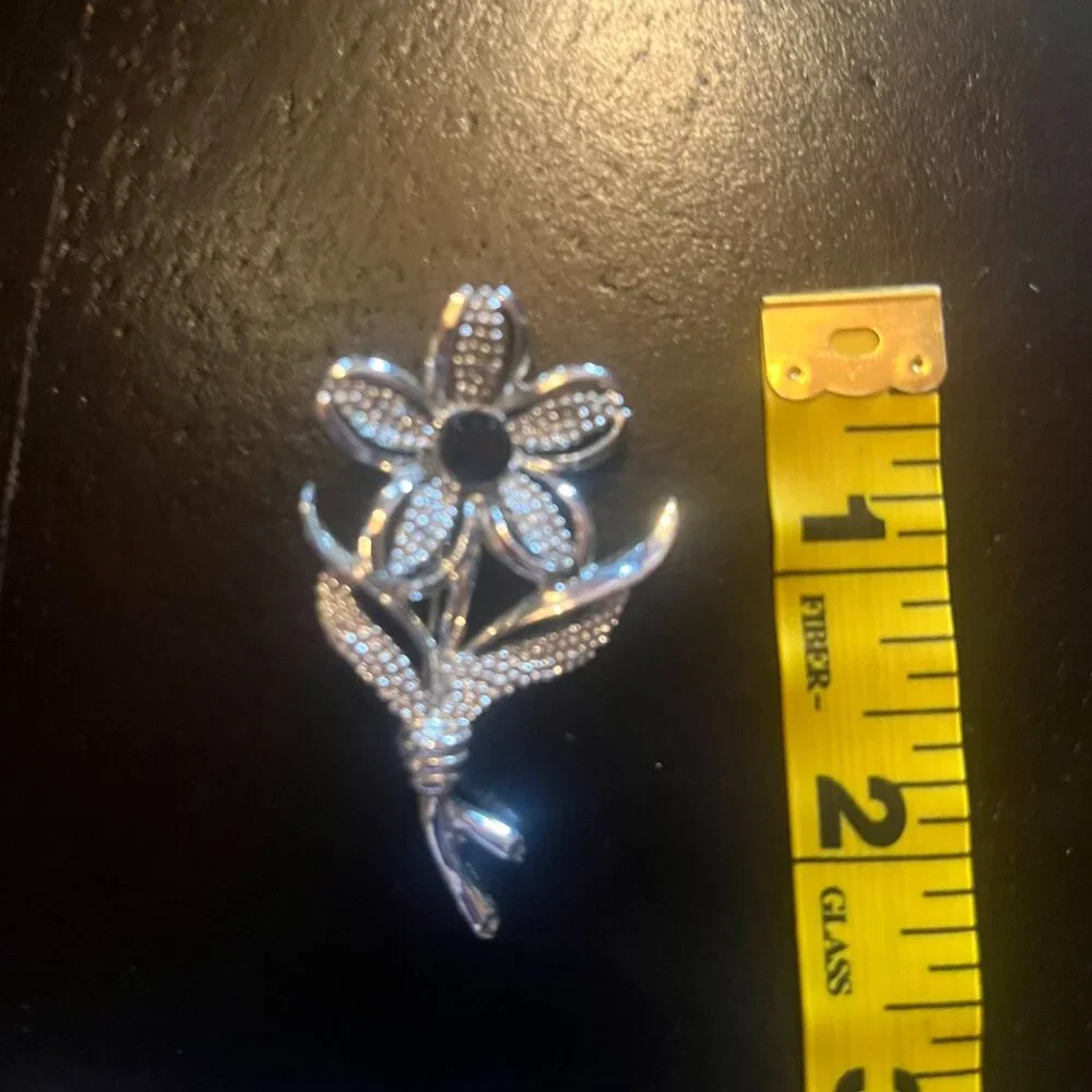 Vintage Silver Tone Daisy Brooch and Clip on Earring Set with Black Rhinestone